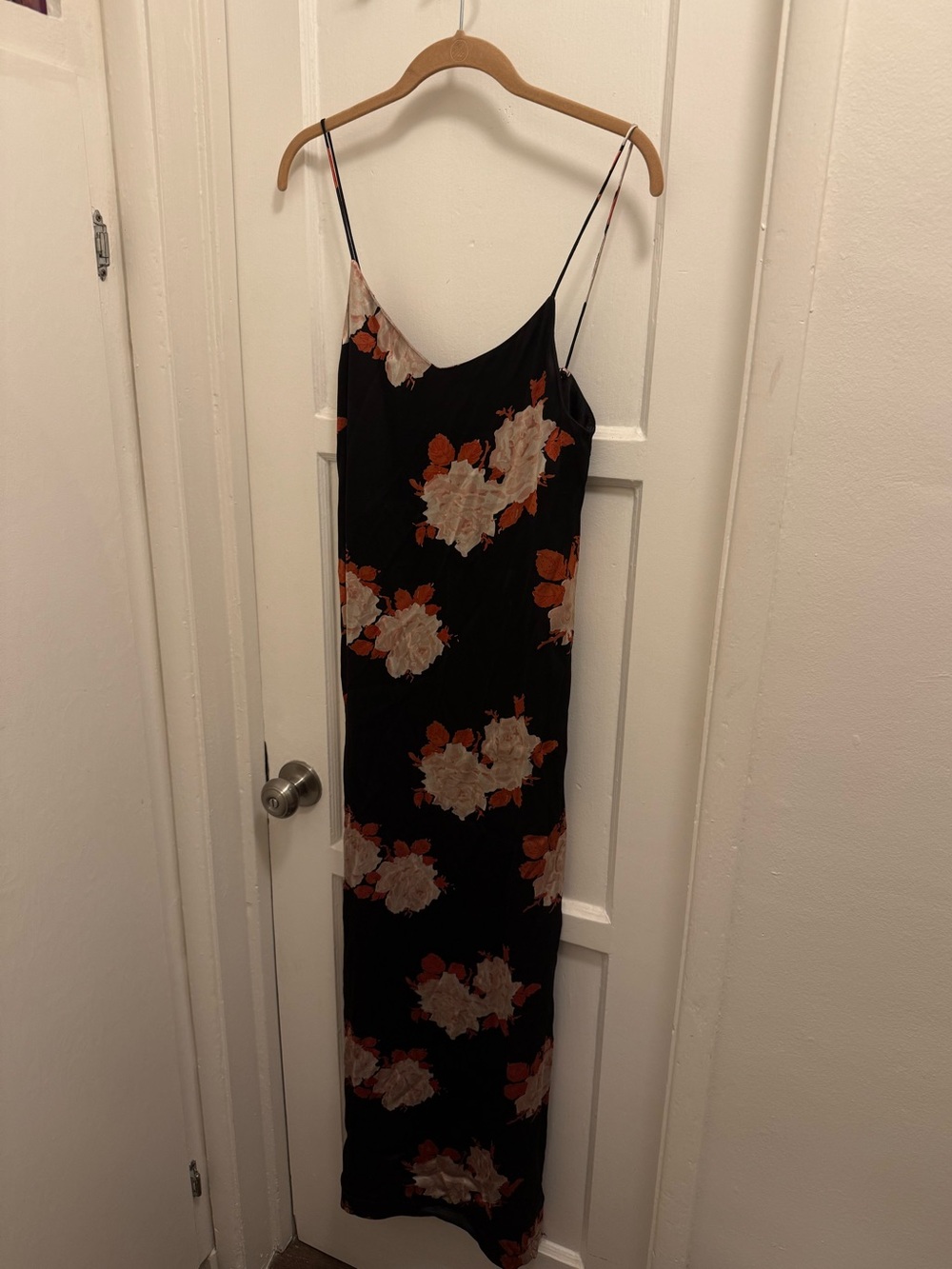 GANNI Spaghetti Strap Floral Slip Dress - Black with Cream & Orange Floral